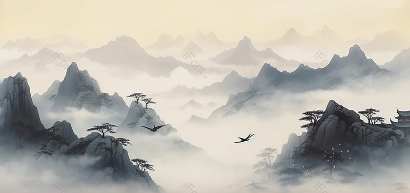 两只鸟在云层峡谷之间飞行中国风意境水墨画背景,插画/手绘图,插画/手绘图库,插画/手绘图下载,插画/手绘